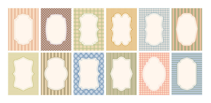 Retro decorative frame. Vintage festive labels. Trendy coquette ornamental frames with stripes, tartan, rhomb pattern, empty border for invitation, poster. Vector set
