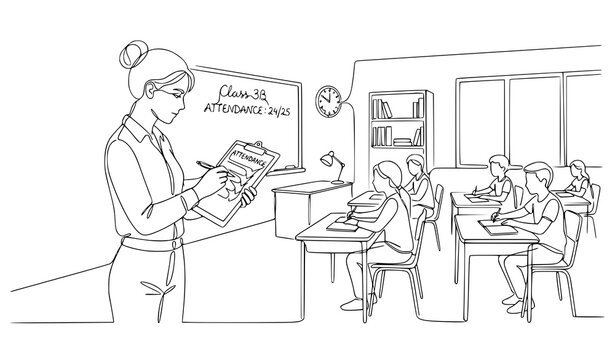 Continuous one line drawing teacher taking attendance in classroom vector illustration