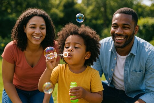 Child blows bubbles while parents smile in a sunny park
