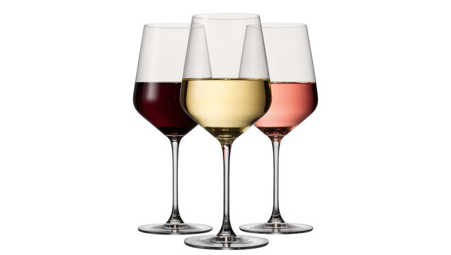 Isolated three elegant wine glasses with red, white, and ros&eacute; wine drinks on a clean surface