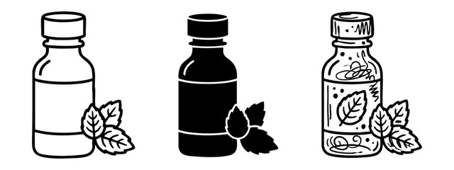 Set of Mint Essential Oil Bottle Icons in Line, Silhouette and Doodle Style © Maksym cvc