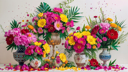 Obraz premium Colorful floral arrangements in vases with pink, yellow, and red flowers