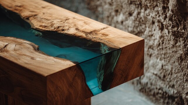 A close-up of a stylish wooden table made from solid wood combined with epoxy resin, highlighting the contrast between natural wood grain and glossy resin flow. 