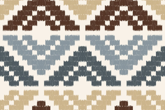 Seamless Ikat Pattern with Brown and Slate Blue Tribal Geometric Shapes. Hand-Drawn Ethnic Textile Background for Modern Fashion, Wallpaper, and Home Decor.