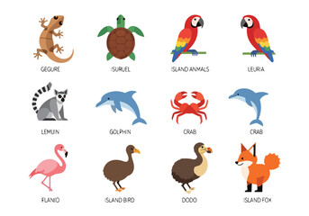Obraz premium Colorful island wildlife illustrations including tropical animals