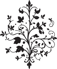 Obraz premium Elegant Black Floral Swirl Vector Ornament with Decorative Vine Leaves, Vintage Botanical Flourish Design Isolated on White Background 