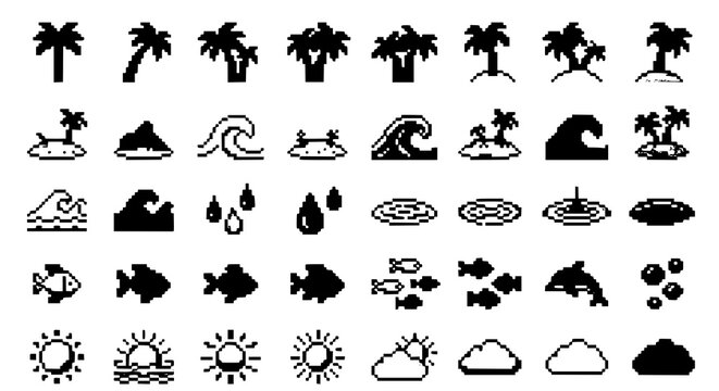 Minimal tropical island pixel art set with ocean waves palm trees and beach icons vector design