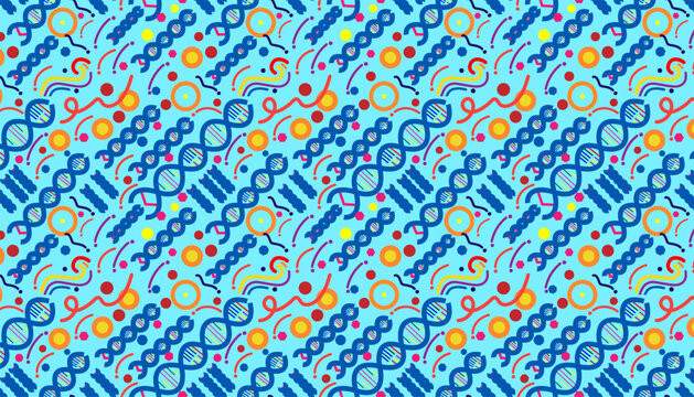DNA molecule pattern with organic shapes on a blue background