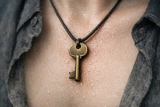 Close-up of a person wearing a necklace with a key pendant, great for illustrating ideas and concepts