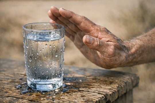 A hand extending towards a glass of water, highlighting the importance of hydration and thirst