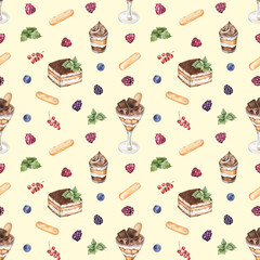 Tiramisu dessert with berries watercolor seamless pattern on cream-yellow background. Detailed hand-painted elements, delicious food illustration. For scrapbooking, wrapping paper, kitchen textile © FlowersForBear