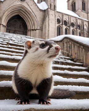 A river toned javan ferret  genetic hybrid experiment fantasy animal, fictional species on a frozen snow covered cathedral step