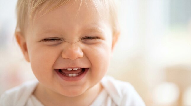Happy young toddler with blonde hair is laughing joyfully while looking at the camera.
