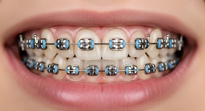 Close up view of dental braces on upper and lower teeth with blue elastic bands orthodontic treatment for healthy smile alignment