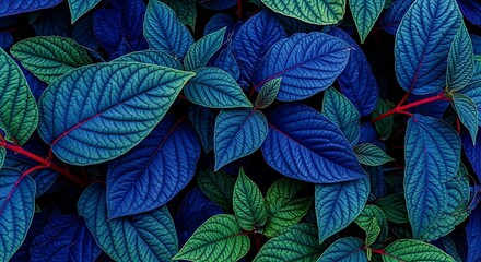 Fototapeta premium Close-up vibrant tropical foliage with deep blue green leaves and striking red veins natural texture botanical background exotic plant pattern