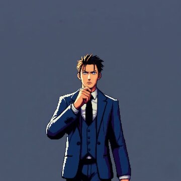 Retro 16-bit arcade style secret agent standing in formal suit