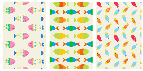 Fish pattern set colorful stylized fish illustrations on beige background © MituRani