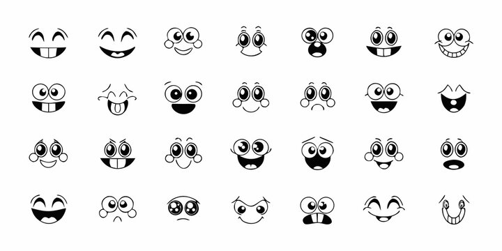 cartoon face grid eighteen black and white expressions on white background
