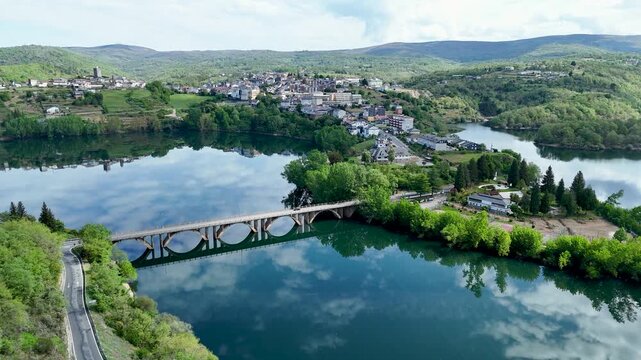 Scenic aerial view of viana do bolo town and lake in galicia