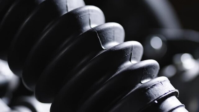 Close up view of a flexible black rubber protective boot for mechanical machinery.