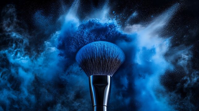 A makeup brush with blue powder exploding around it on a dark background