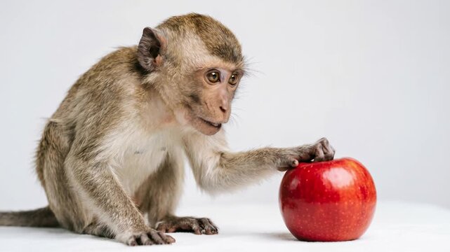 Curious macaque monkey touching red apple on white background. Wild primate looking at fresh fruit in studio. Animal behavior and wildlife concept