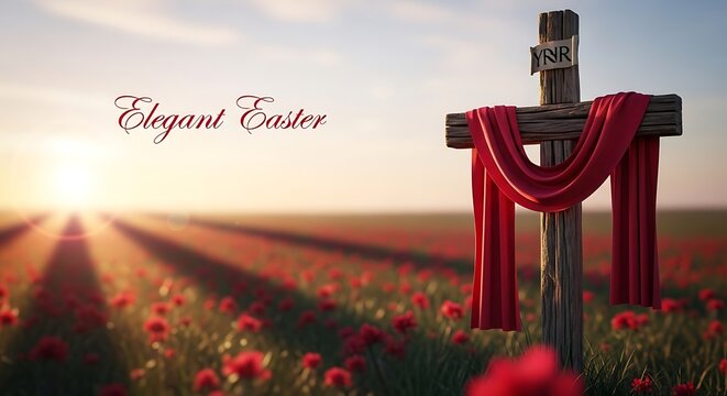 Elegant easter cross decorated with red ribbon in a field of flowers decorated celebration