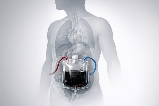 A person suffering from an abdominal injury, likely from trauma or surgery