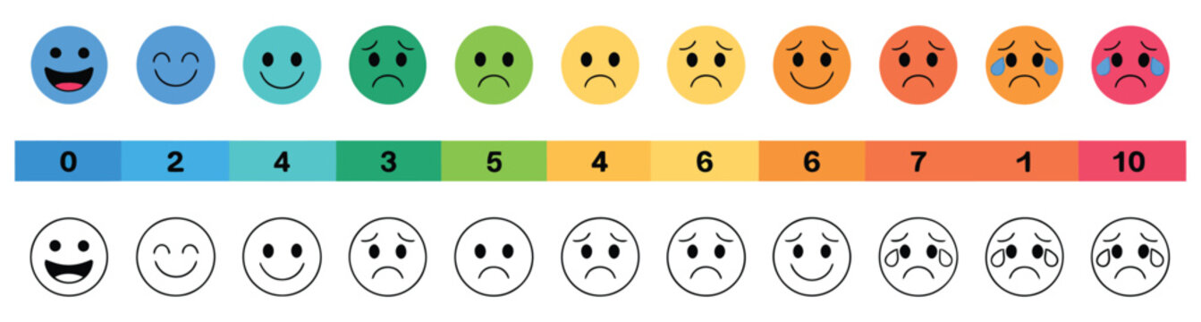 Pain rating scale chart featuring flat and line horizontal measurement design with colorful emotion icons from happy to crying for healthcare assessment visuals.