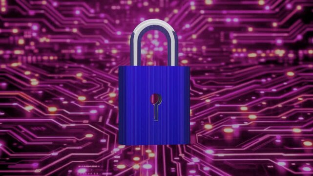 10 seconds  spinning vertically cybersecurity lock pcb pathways glowing dots data travelling hd video technology futuristic animation motion graphics 