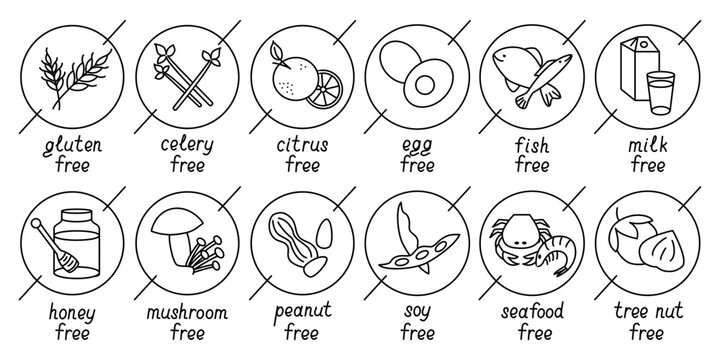 Set of twelve circular icons representing various food allergens and dietary restrictions, including gluten, dairy, and nut-free symbols, designed in a minimalistic style