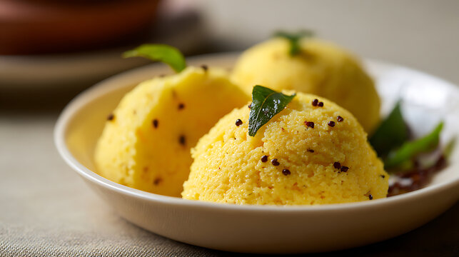Dhokla, Traditional Gujarati Steamed Snack, Served with Chutney, Soft Spongy Indian Vegetarian Food Popular in Gujarat India