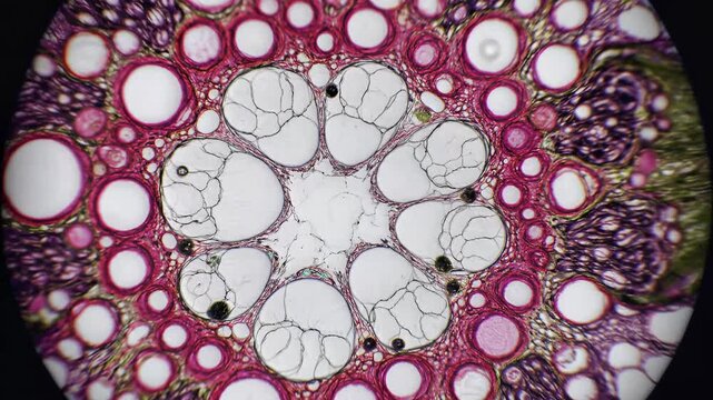 Microscopic view of a plant stem crosssection showing vascular bundles and cellular structure.