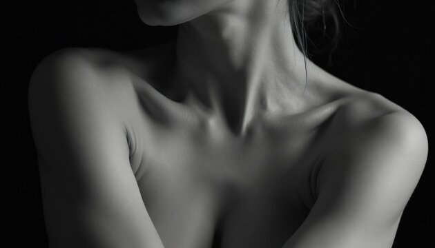 Close up bare female shoulder chest neck area. Black and white photo shows delicate skin texture and bone structure. Elegant feminine elegance intimacy and vulnerability.