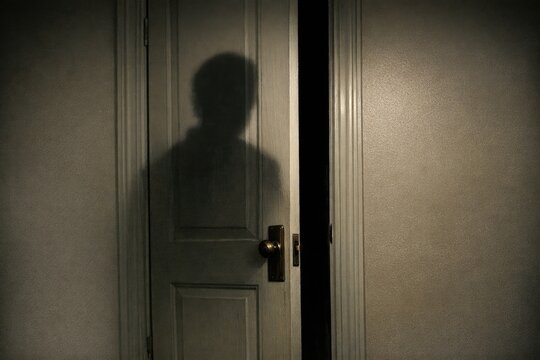 A silhouette of a person standing in front of a door, with unknown intentions