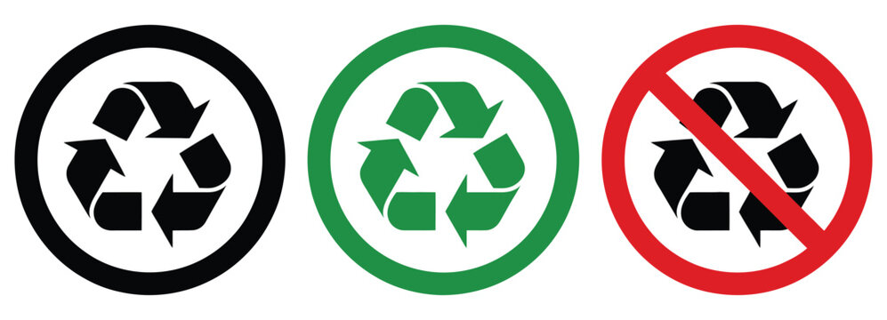 Recycle and no recycle icons featuring plastic, paper, and glass symbols for waste management, environmental protection, and sustainability signage vector illustration design.
