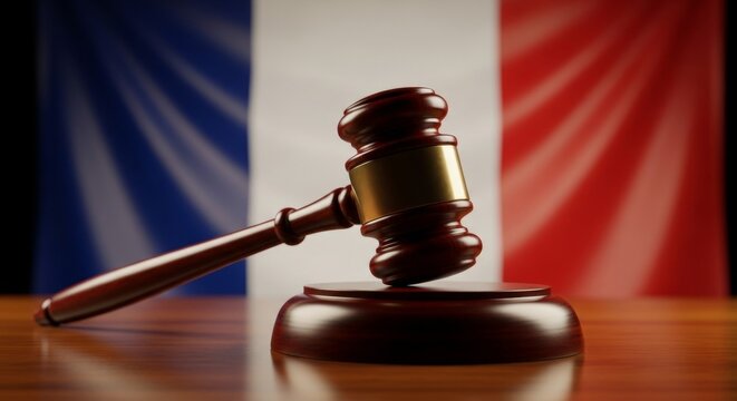 Wooden gavel on table with french flag in background representing law and justice