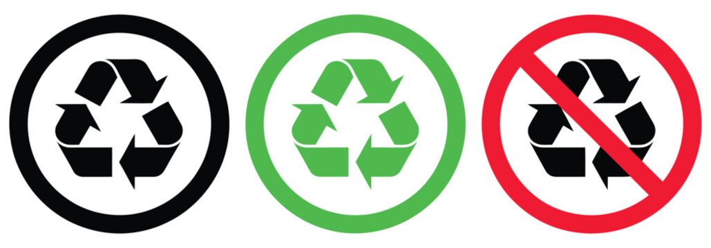 Recycle and recycling prohibited icons showing plastic, paper, and glass symbols for environmental awareness, waste sorting, and sustainability sign system design.