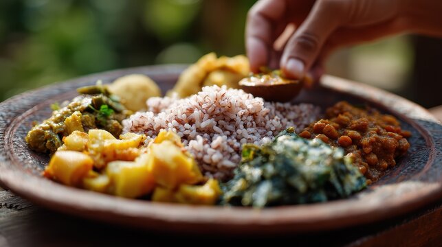 traditional sri lankan food, a documentary-style captures a traditional sri lankan dansal during vesak, featuring a rustic ceramic plate with red rice, dhal curries, gotukola sambol, and kavum using