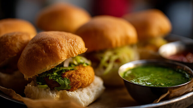 Vada Pav, Famous Mumbai Street Food with Spicy Potato Fritter Inside Bun, Served with Chutney, Traditional Maharashtrian Snack in India