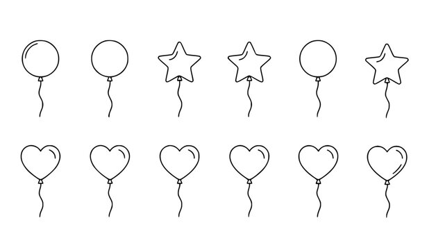 
Black and white balloon line art vector set with hanging ribbons festive template isolated on white background