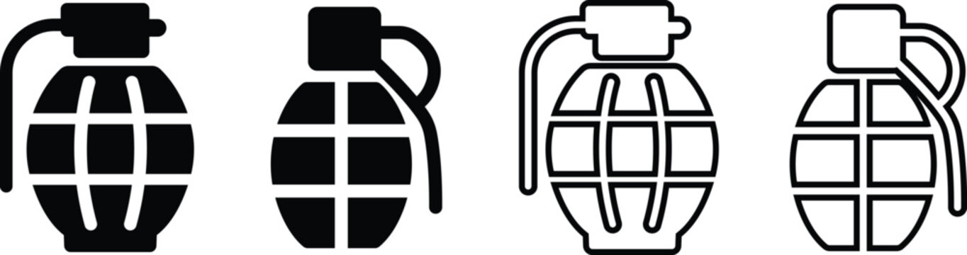 Grenade bomb explosive set collection group icons, military weapon vector pack, hand grenade silhouette and outline flat line black style isolated design elements bundle