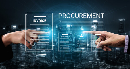 Naklejka premium Two hands point at digital documents displaying invoice and procurement details, set against a modern city skyline, symbolizing business dealings and transactions. Cyphers
