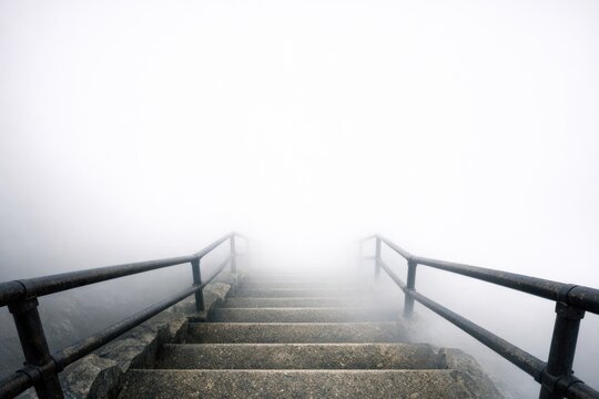 A set of stairs ascending into thick fog, great for mystery or suspense scenes