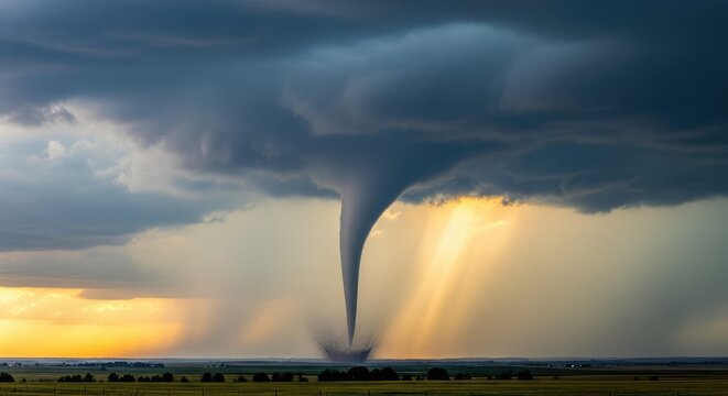 A massive dark funnel cloud descends from a turbulent storm sky over a flat rural landscape, representing the power of extreme nature, majestic, ominous, power