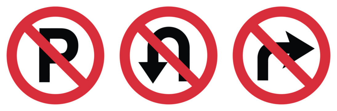 No parking and traffic prohibition sign set featuring no U turn and no right turn symbols for road safety, navigation, and urban planning design.