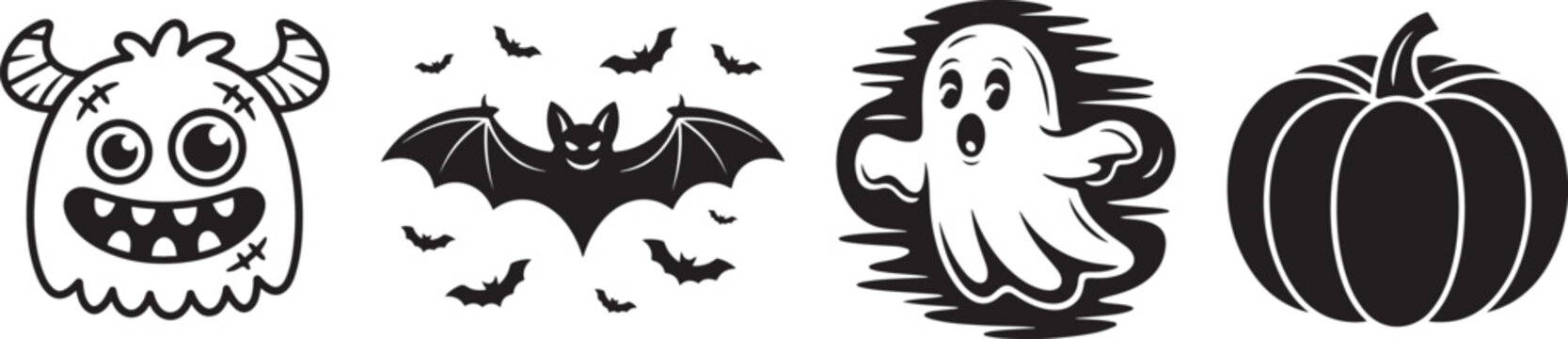 Halloween silhouettes black icon and character. Design of witch, creepy and spooky elements for Halloween decorations, sketch, icon, sticker. Hand drawn vector icon set