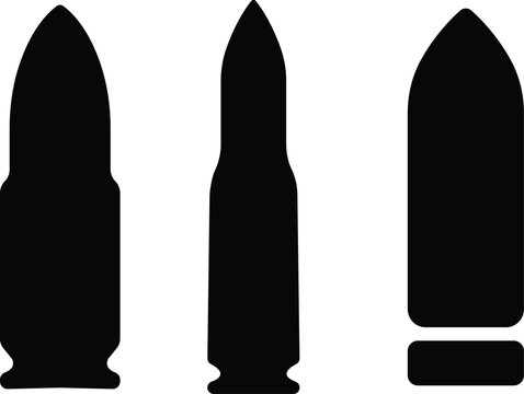 Gun bullets ammunition cartridge set collection group icons, firearm ammo vector pack, military projectile casing silhouette and outline flat line black style isolated design elements