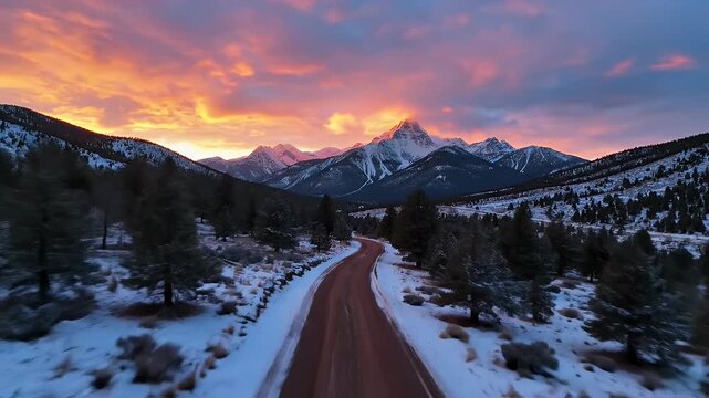 Snowy Mountain Road Glowing with Colorful Sunset Sky in Winter Forest Landscape
