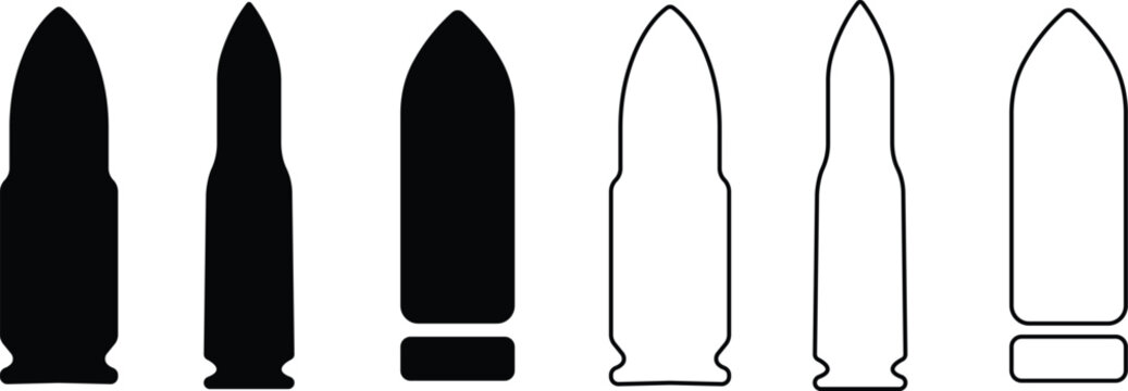 Gun bullets ammunition cartridge set collection group icons, firearm ammo vector pack, military projectile casing silhouette and outline flat line black style isolated design elements